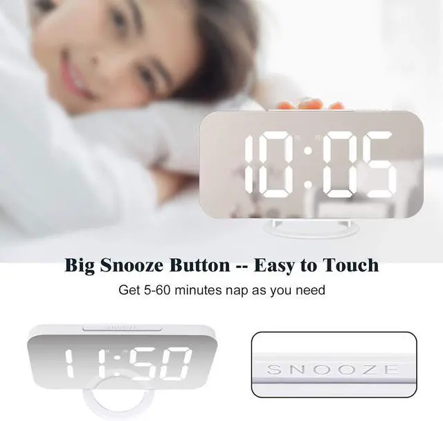 Alt view image 6 of 7 - White Digital Alarm Clock for Bedrooms, Large LED Mirror Display Despertador Digital, 2 USB Charging Ports, Auto Dim Mode, Clocks for Bedroom Office Living Room