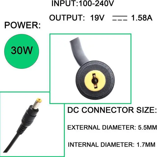 Alt view image 3 of 7 - 19V 1.58A 30W AC Adapter Charger Replacement for Dell Inspiron Mini 9 10 10v 12 PP19S,Mini 910 1010 1011 1012 1018 1090 Duo 1210;Acer Gateway Kav60 Nav50 N214 PA-1300-04 Lt20 Lt2016u Lt31 Power Cord
