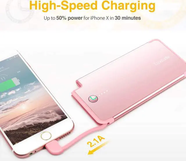 Alt view image 5 of 7 - Luxtude 5000mAh Portable Charger for iPhone, Ultra Slim MFi Apple Certified Battery Pack Built in Lightning Cable, Fast Charging Power Bank for iPhone 13/12/11 Pro/X/XR/XS Max/8/7/6S, Rose Gold Pink.