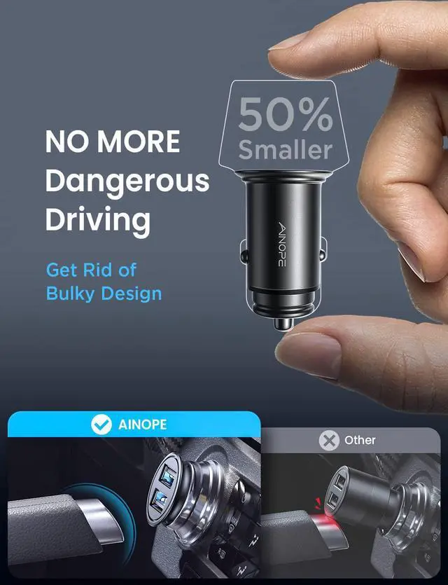 Alt view image 2 of 7 - AINOPE 2 Pack Fast Mini Car Charger, 4.8A Metal Car Charger Adapter Flush Fit, Dual Port USB Car Charger Compatible with iPhone 14 13 12 Pro Max 8 Plus 7 6s, Samsung Galaxy S23/10/9/8/7, iPad Kindle
