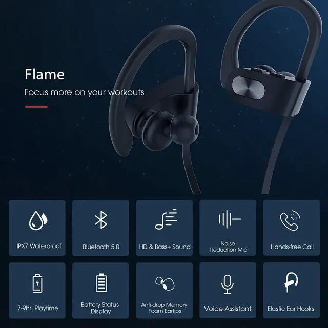 Alt view image 2 of 7 - Redzoo Bluetooth Headphones V5.0,Running Headphones w/16 Hrs Playtime, Bass+ HD Stereo Wireless Sports Earphones w/IPX7 Waterproof Earbuds in Ear for Workout, Gym w/CVC6.0 Noise Cancelling Mic Black