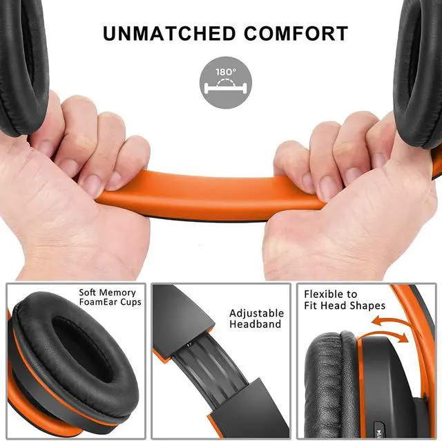 Alt view image 2 of 6 - Bluetooth Headphones Over-Ear Foldable Wireless and Wired Stereo Headset Micro SD/TF FM for Cell Phone PC Soft Earmuffs &Light Weight for Prolonged Wearing(Black/Orange)