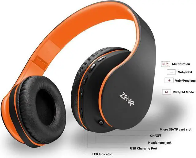 Alt view image 4 of 6 - Bluetooth Headphones Over-Ear Foldable Wireless and Wired Stereo Headset Micro SD/TF FM for Cell Phone PC Soft Earmuffs &Light Weight for Prolonged Wearing(Black/Orange)