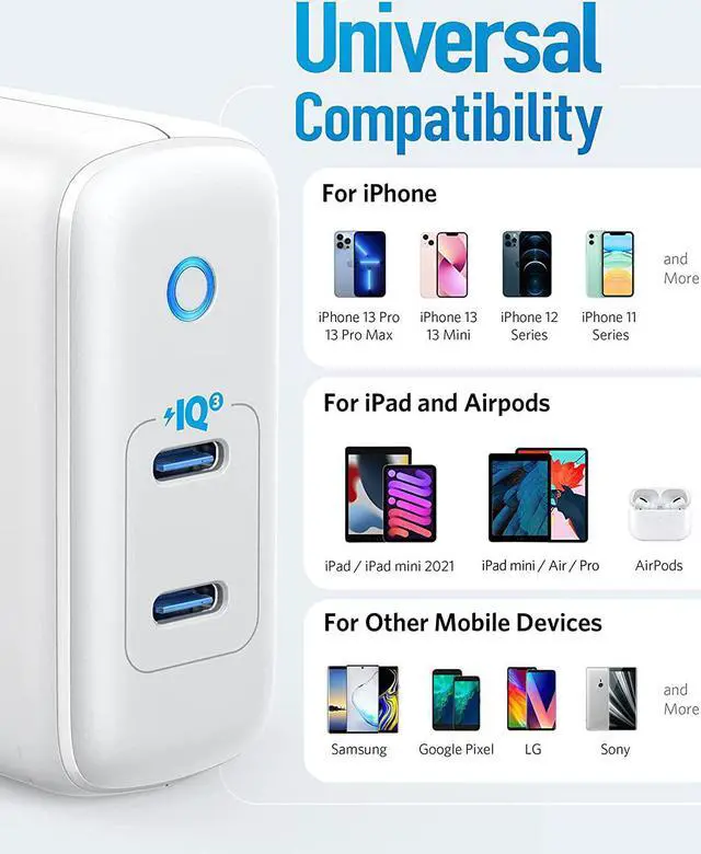 Alt view image 4 of 7 - USB C Charger 40W 2-Port PIQ 3.0 PowerPort III Duo Type C Foldable Fast Charger Power Delivery for iPhone 15/15 Plus/15 Pro/15 Pro Max/14 Galaxy Pixel iPad/iPad Mini and More