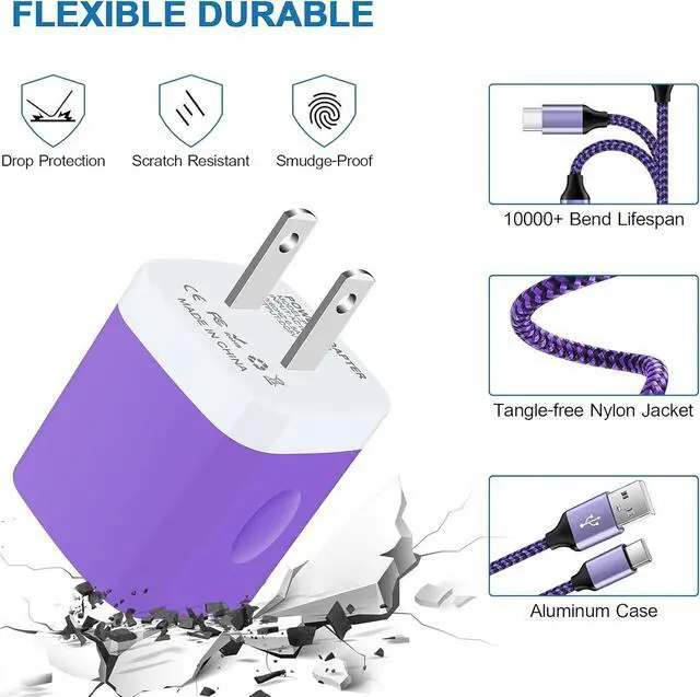 Alt view image 3 of 7 - Phone Charger Plug for Samsung Galaxy S25 S24 A32 5G A16 A54 A15 A55 A14 A35 S23 S22 S21 LG Stylo 6 V60 V50, Pixel 9 8 7, 2 Dual Wall Charger Block with Type C Nylon Braided Cords USB C Cable 3ft+6ft