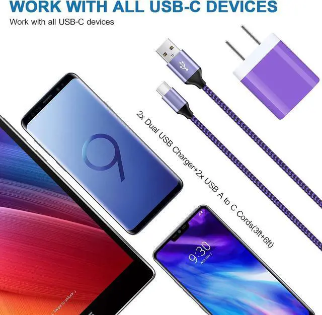Alt view image 7 of 7 - Phone Charger Plug for Samsung Galaxy S25 S24 A32 5G A16 A54 A15 A55 A14 A35 S23 S22 S21 LG Stylo 6 V60 V50, Pixel 9 8 7, 2 Dual Wall Charger Block with Type C Nylon Braided Cords USB C Cable 3ft+6ft