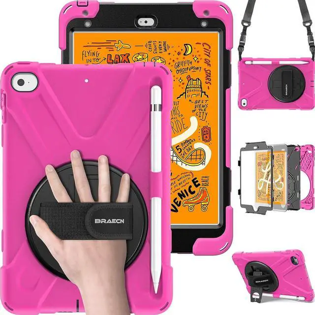 Main image of iPad Mini 5 Case, [360°Rotating Handle Strap/Kickstand]+[Shoulder Strap]+[Built-in Pencil Holder] Heavy Duty Shockproof Childproof Case for iPad Mini 5/4th Gen[Pencil not Included]-Rose