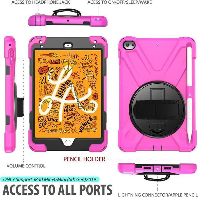 Alt view image 2 of 7 - iPad Mini 5 Case, [360°Rotating Handle Strap/Kickstand]+[Shoulder Strap]+[Built-in Pencil Holder] Heavy Duty Shockproof Childproof Case for iPad Mini 5/4th Gen[Pencil not Included]-Rose
