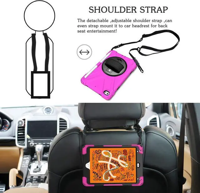 Alt view image 4 of 7 - iPad Mini 5 Case, [360°Rotating Handle Strap/Kickstand]+[Shoulder Strap]+[Built-in Pencil Holder] Heavy Duty Shockproof Childproof Case for iPad Mini 5/4th Gen[Pencil not Included]-Rose