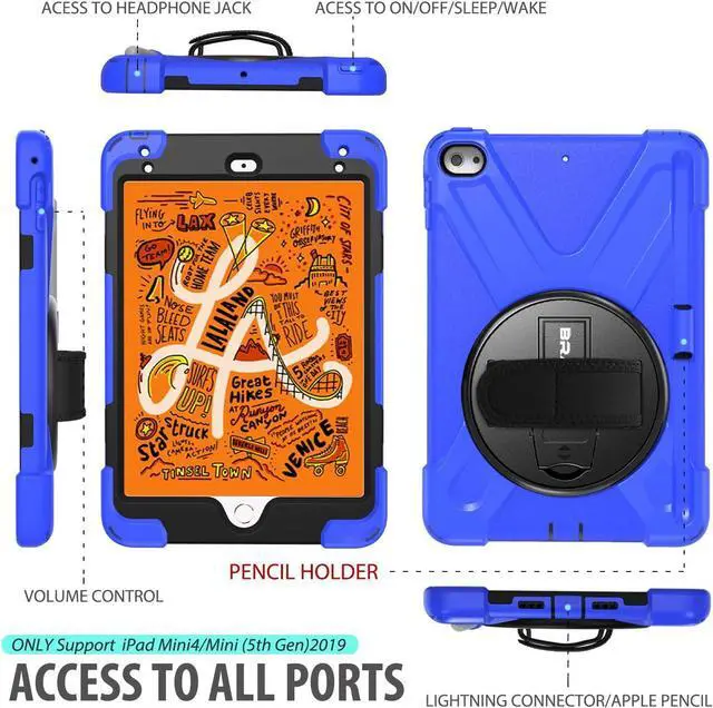 Alt view image 7 of 7 - iPad Mini 5/4 Shockproof Case, [Pencil not Included] Hybrid Armor iPad Case with Hand Strap/Kickstand/Pencil Holder/Carrying Shoulder Strap for iPad Mini 5/iPad Mini 4th Gen for Kids-Blue