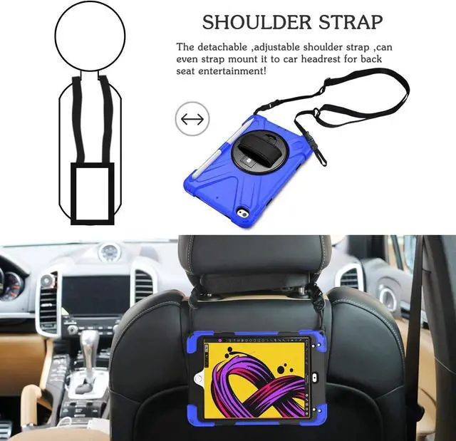 Alt view image 4 of 7 - iPad Mini 5/4 Shockproof Case, [Pencil not Included] Hybrid Armor iPad Case with Hand Strap/Kickstand/Pencil Holder/Carrying Shoulder Strap for iPad Mini 5/iPad Mini 4th Gen for Kids-Blue