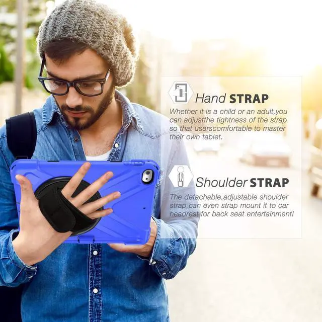 Alt view image 5 of 7 - iPad Mini 5/4 Shockproof Case, [Pencil not Included] Hybrid Armor iPad Case with Hand Strap/Kickstand/Pencil Holder/Carrying Shoulder Strap for iPad Mini 5/iPad Mini 4th Gen for Kids-Blue
