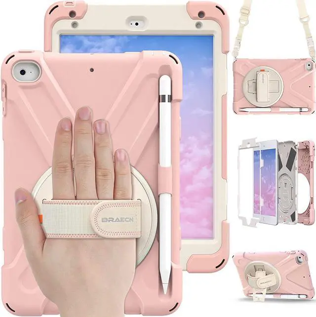 Main image of iPad Mini 5th Generation Case, Shockproof Rugged Protective Kids Boys Girls Case with Pencil Holder, Hand Strap, Shoulder Strap, Kickstand for Apple iPad Mini 5th /4th Gen 2019/2015-Sakura Pink