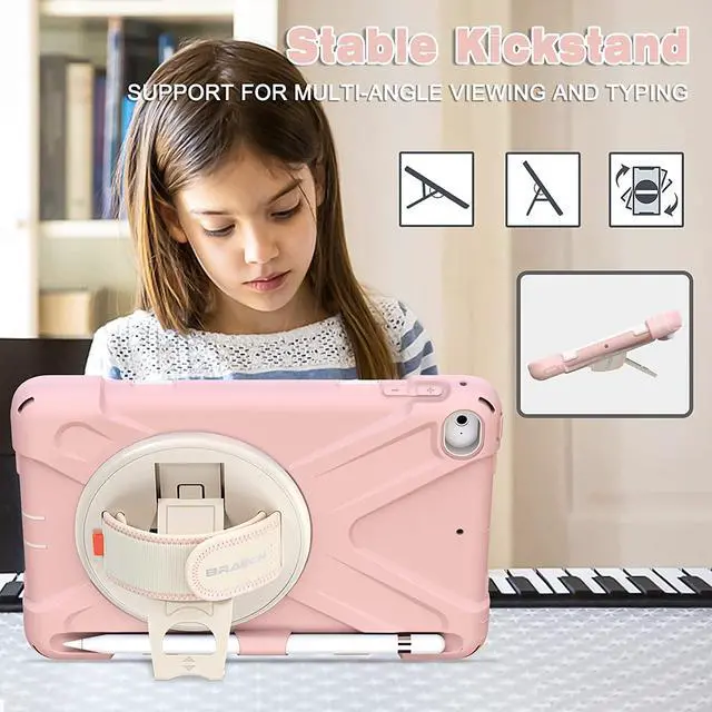 Alt view image 3 of 6 - iPad Mini 5th Generation Case, Shockproof Rugged Protective Kids Boys Girls Case with Pencil Holder, Hand Strap, Shoulder Strap, Kickstand for Apple iPad Mini 5th /4th Gen 2019/2015-Sakura Pink