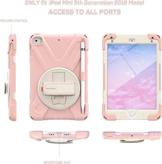 Alt view image 5 of 6 - iPad Mini 5th Generation Case, Shockproof Rugged Protective Kids Boys Girls Case with Pencil Holder, Hand Strap, Shoulder Strap, Kickstand for Apple iPad Mini 5th /4th Gen 2019/2015-Sakura Pink