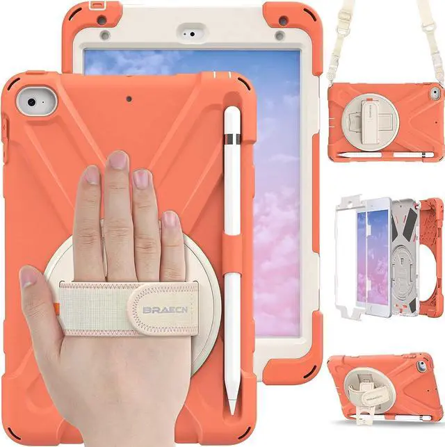 Main image of iPad Mini 4 Case for Kids, iPad Mini 2019 Case, Heavy Duty Shockproof Case with 360 Degree Swivel Kickstand/Hand Strap, Shoulder Strap, Pencil Holder for iPad Mini 5th/4th Gen- Coral Orange