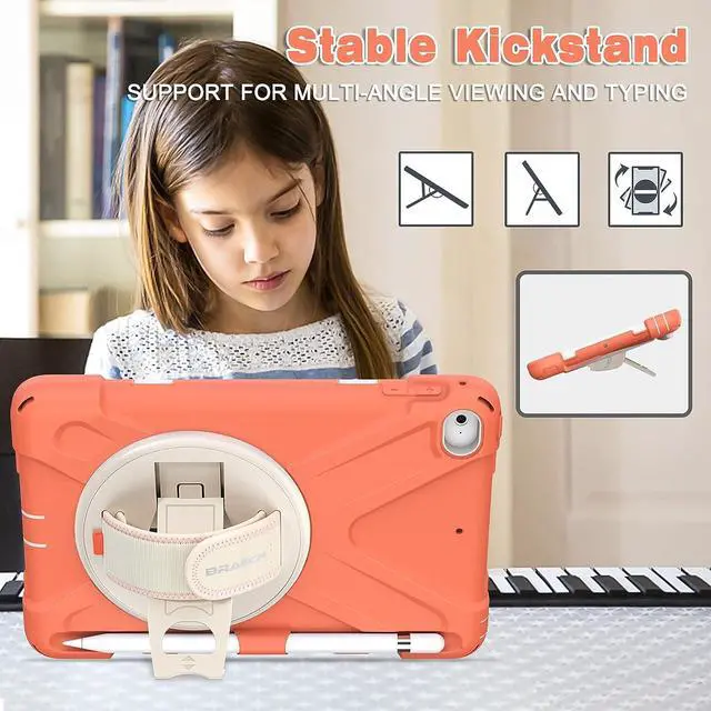 Alt view image 3 of 6 - iPad Mini 4 Case for Kids, iPad Mini 2019 Case, Heavy Duty Shockproof Case with 360 Degree Swivel Kickstand/Hand Strap, Shoulder Strap, Pencil Holder for iPad Mini 5th/4th Gen- Coral Orange