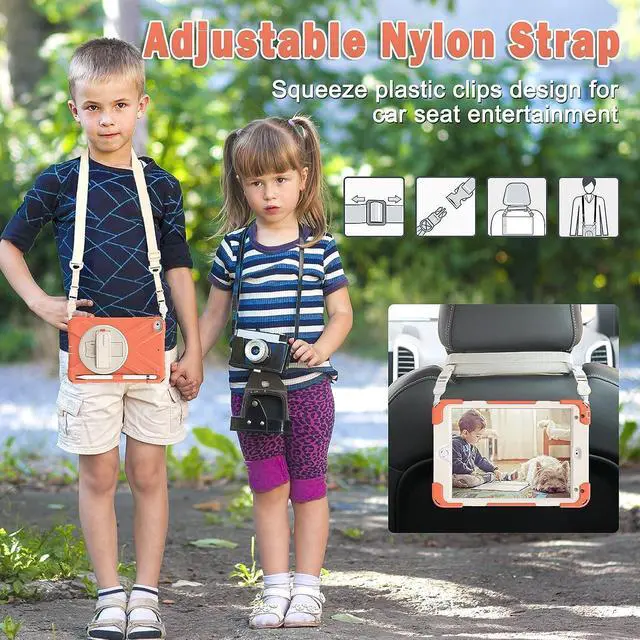 Alt view image 4 of 6 - iPad Mini 4 Case for Kids, iPad Mini 2019 Case, Heavy Duty Shockproof Case with 360 Degree Swivel Kickstand/Hand Strap, Shoulder Strap, Pencil Holder for iPad Mini 5th/4th Gen- Coral Orange