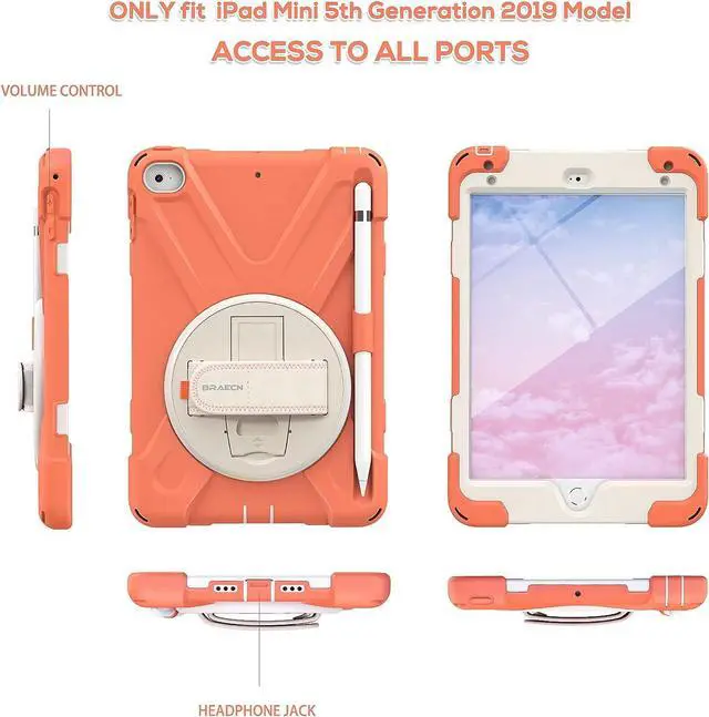 Alt view image 5 of 6 - iPad Mini 4 Case for Kids, iPad Mini 2019 Case, Heavy Duty Shockproof Case with 360 Degree Swivel Kickstand/Hand Strap, Shoulder Strap, Pencil Holder for iPad Mini 5th/4th Gen- Coral Orange