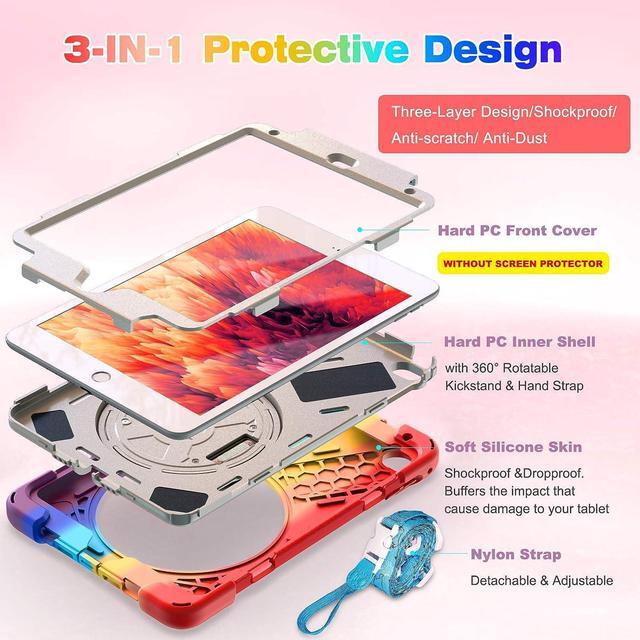 Alt view image 5 of 6 - iPad Mini 5 Case, iPad Mini 5th Generation Case, Protective Shockproof Rugged Kids Case with Pencil Holder, Hand Strap, Shoulder Strap, Kickstand for Apple iPad Mini 5/4 -Rainbow