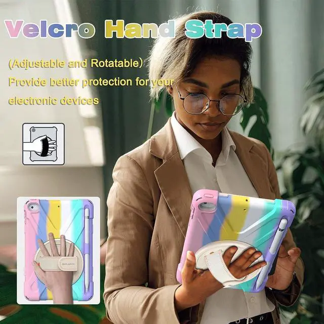 Alt view image 2 of 7 - iPad Mini Case 5th Generation, iPad Mini 5 Case for Kids, Heavy Duty Protective Rugged Case Cover with Hand Strap, Shoulder Strap, Kickstand, Pencil Holder for iPad Mini 5/4 -Light Rainbow