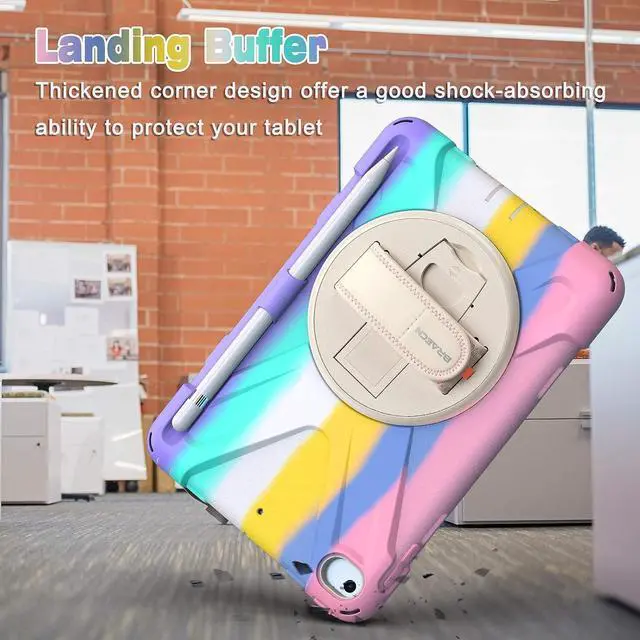 Alt view image 6 of 7 - iPad Mini Case 5th Generation, iPad Mini 5 Case for Kids, Heavy Duty Protective Rugged Case Cover with Hand Strap, Shoulder Strap, Kickstand, Pencil Holder for iPad Mini 5/4 -Light Rainbow
