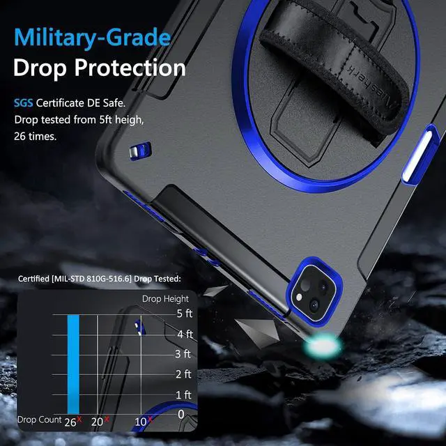 Alt view image 2 of 7 - Case for iPad Pro 11 Inch Case 2022/2021: iPad Pro 11 Case 4th Generation, Military Grade Heavy Duty Shockproof Rotating Stand+Hand/Shoulder Strap for iPad Pro 11 2021 3rd Gen Case, Blue