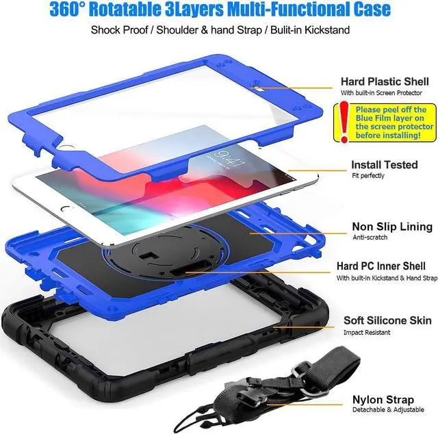 Alt view image 6 of 7 - Case for Pad Mini 5/4, Protection [Full-Body] Case with 360 Degrees Rotating Stand [Pencil Holder] [Screen Protector] Hand Strap for Pad Mini 5th/4th Generation 7.9 inch(Blue+Black)