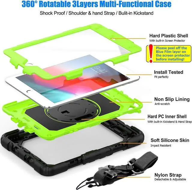 Alt view image 6 of 7 - Case for Pad Mini 5/ Mini 4, Drop-Proof Protection Case with 360 Degrees Rotating Stand [Pencil Holder] Screen Protector Hand Strap for Pad Mini 5th / 4th Generation 7.9''(Green+Black)