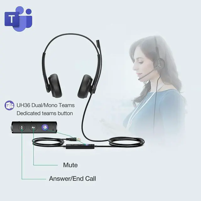Alt view image 2 of 6 - Headset with Microphone USB Headset Computer Headset PC Laptop Headset Teams Certified UH36 UH34 Wired Noise Cancelling with Mic Stereo (for Microsoft Optimized, UH34-DUAL-Lite)