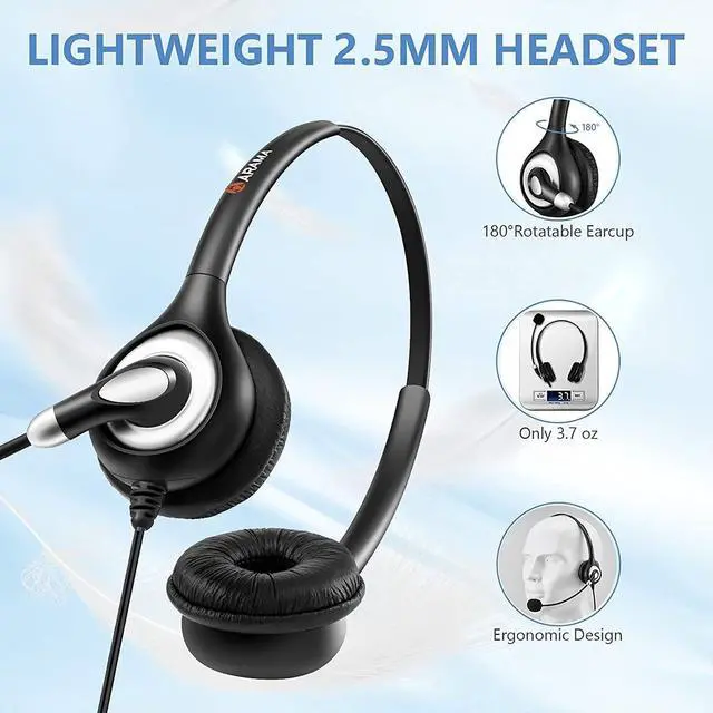 Alt view image 4 of 6 - Phone Headset 2.5Mm With Noise Canceling Mic & Mute Switch Ultra Comfort Telephone Headset For Panasonic At&T Vtech Uniden Grandstream Polycom Cordless Phones