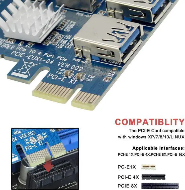 Alt view image 3 of 7 - BGNing 1 to 4 PCI Express 16X Slots Riser Card PCI-E 1X to External 4 PCI-E Slot Adapter PCIe Multiplier Card USB 3.0 Mining Special Riser Card for Bitcoin Miner