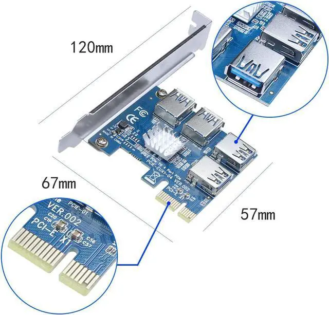 Alt view image 5 of 7 - BGNing 1 to 4 PCI Express 16X Slots Riser Card PCI-E 1X to External 4 PCI-E Slot Adapter PCIe Multiplier Card USB 3.0 Mining Special Riser Card for Bitcoin Miner