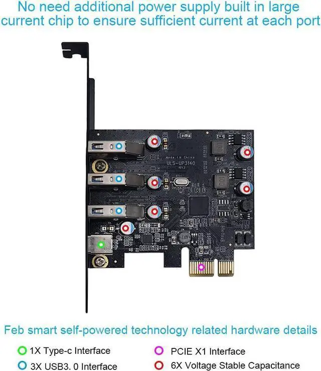 Alt view image 3 of 5 - PCI-E to USB 3.0 4 Ports(1 X USB-C - 3 X USB-A) Expansion Card, PCI Express USB Add in Expansion Card, Internal USB3 Hub for Desktop PC Host Card Support Windows 10/8/7/XP and MAC OS 10.8.2 Above