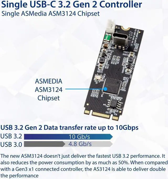 Alt view image 4 of 5 - IO CREST USB 3.1 Gen 2 10 Gbps 1 Port Type-C M.2 22x60 B+M Key Expansion Card ASMedia ASM3124 SY-ADA20232