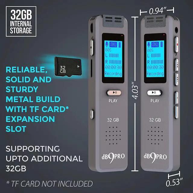 Alt view image 6 of 7 - Digital Voice Recorder dB9PRO 32GB Expandable by 32GB, Portable Rechargeable USB Voice Activated Dictaphone, MP3 Player, Mini Audio Recording Device, Built-in Microphone, Speaker for Lectures (32GB)