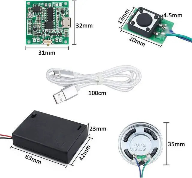 Alt view image 7 of 7 - Sound Module Button Control Music Voice Player Programmable Talk Chip Musical 8MB MP3 WAV USB Downloadable with AA Battery Box + USB Cable for DIY Audio Cards Christmas Creative Gift