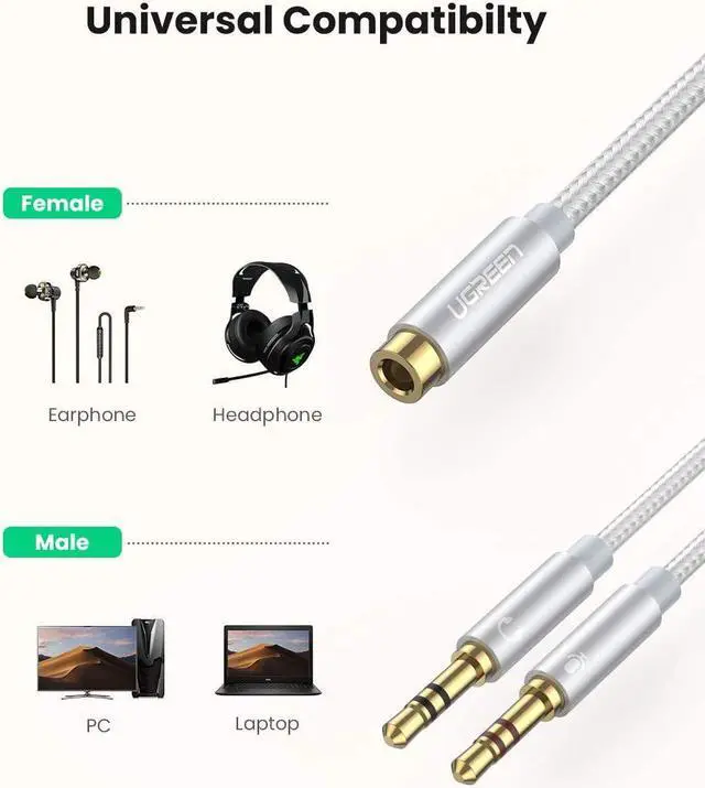 Alt view image 3 of 7 - UGREEN Headphone Splitter for Computer 3.5mm Female to 2 Dual 3.5mm Male Headphone Mic Audio Y Splitter Cable Microphone Stereo Jack Earphones Port Cord Gaming Headset to PC Laptop Adapter White
