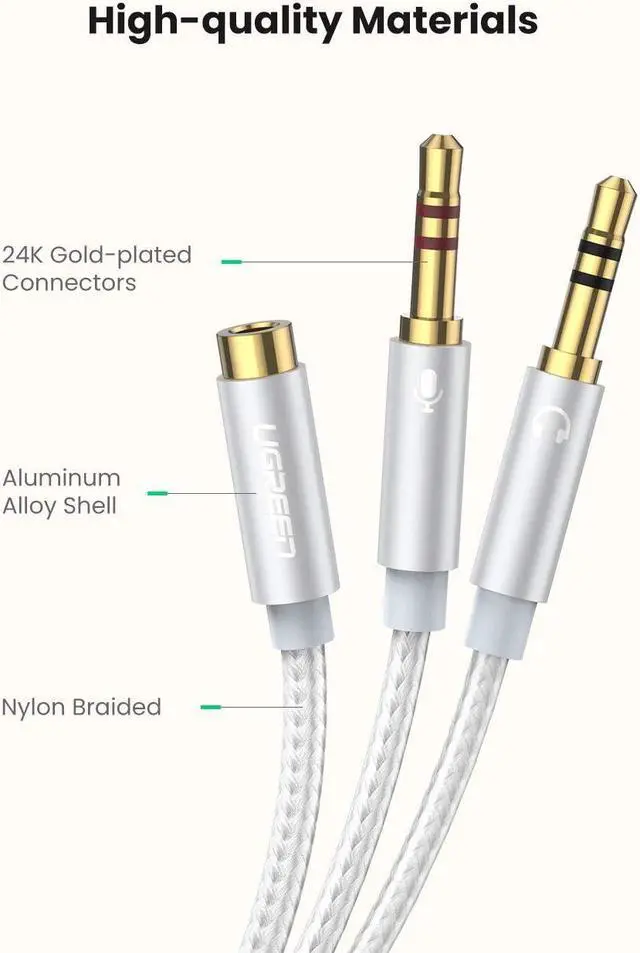 Alt view image 5 of 7 - UGREEN Headphone Splitter for Computer 3.5mm Female to 2 Dual 3.5mm Male Headphone Mic Audio Y Splitter Cable Microphone Stereo Jack Earphones Port Cord Gaming Headset to PC Laptop Adapter White