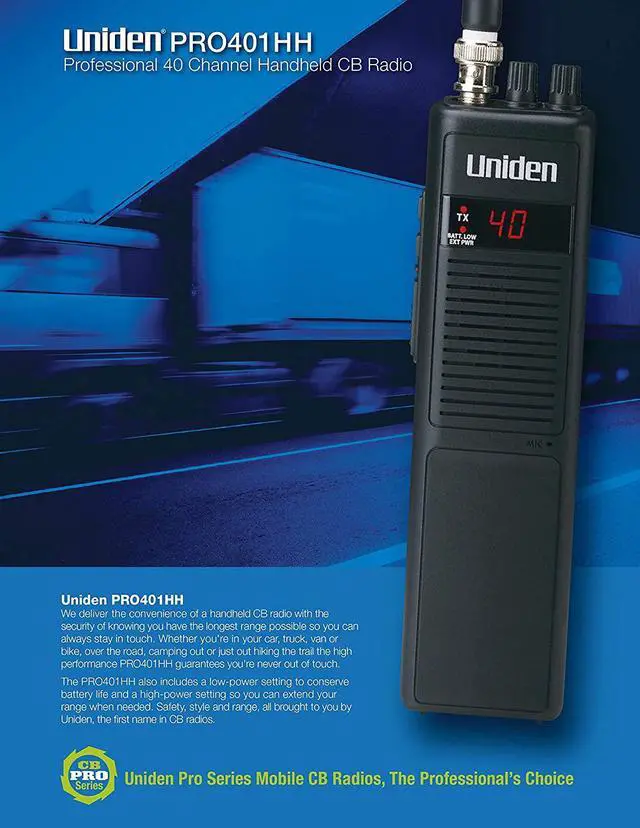 Alt view image 2 of 7 - Uniden PRO401HH Professional Series 40 Channel Handheld CB Radio, 4 Watts Power with Hi/Low Power Switch, Auto noise cancellation, Belt Clip And Strap Included, 2.75in. x 4.33in. x 8.66in.