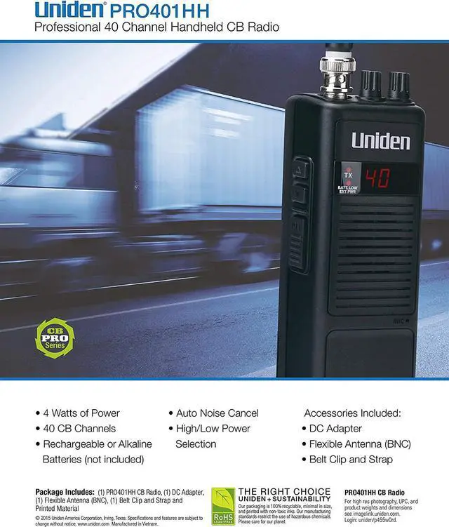 Alt view image 3 of 7 - Uniden PRO401HH Professional Series 40 Channel Handheld CB Radio, 4 Watts Power with Hi/Low Power Switch, Auto noise cancellation, Belt Clip And Strap Included, 2.75in. x 4.33in. x 8.66in.