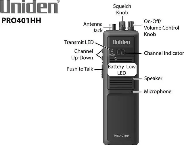 Alt view image 6 of 7 - Uniden PRO401HH Professional Series 40 Channel Handheld CB Radio, 4 Watts Power with Hi/Low Power Switch, Auto noise cancellation, Belt Clip And Strap Included, 2.75in. x 4.33in. x 8.66in.