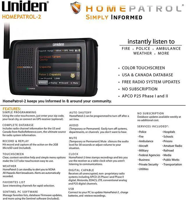 Alt view image 3 of 5 - HomePatrol-2 Color Touchscreen Scanner with TrunkTracker V/S/A/M/E, APCO P25, Emergency Alerts - Covers USA and Canada