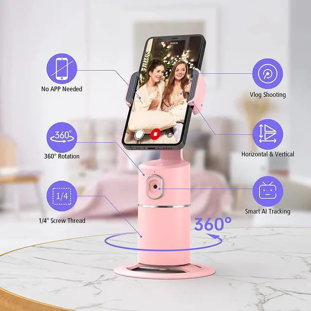 Alt view image 2 of 7 - Auto Face Tracking Phone Holder, No App Required, 360° Rotation Face Body Phone Tracking Tripod Smart Shooting Camera Mount for Live Vlog Streaming Video, Rechargeable Battery-Pink