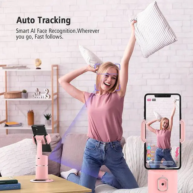 Alt view image 3 of 7 - Auto Face Tracking Phone Holder, No App Required, 360° Rotation Face Body Phone Tracking Tripod Smart Shooting Camera Mount for Live Vlog Streaming Video, Rechargeable Battery-Pink