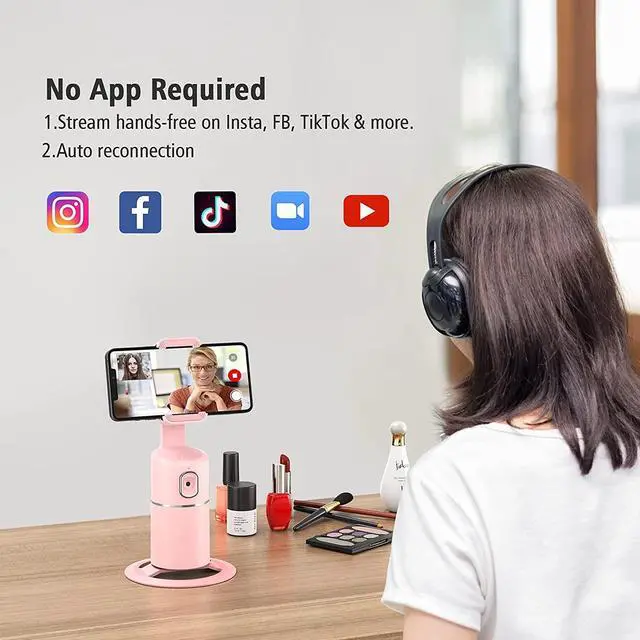 Alt view image 4 of 7 - Auto Face Tracking Phone Holder, No App Required, 360° Rotation Face Body Phone Tracking Tripod Smart Shooting Camera Mount for Live Vlog Streaming Video, Rechargeable Battery-Pink