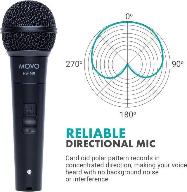 Alt view image 3 of 7 - Movo HV-M5 Dynamic Cardioid Vocal Microphone with Internal Shockmount and Windscreen - XLR Compatible Dynamic Mic with 6.35mm Adapter - Professional Microphone for Singing and Recording