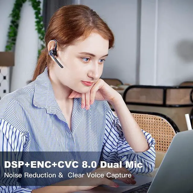 Alt view image 2 of 6 - Bluetooth Headset V5.2 New bee 24Hrs Talktime CVC8.0 Dual Mic Bluetooth Earpiece Noise Cancelling Wireless Handsfree Driving Headset with Mic Mute for iPhone/Android/Trucker/Business/Office(Blue)