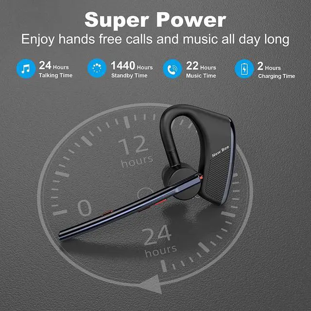 Alt view image 3 of 6 - Bluetooth Headset V5.2 New bee 24Hrs Talktime CVC8.0 Dual Mic Bluetooth Earpiece Noise Cancelling Wireless Handsfree Driving Headset with Mic Mute for iPhone/Android/Trucker/Business/Office(Blue)