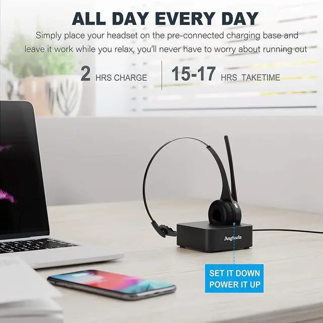 Alt view image 5 of 7 - Trucker Bluetooth Headset with Microphone Wireless Cell Phone Headset with Noise Canceling Mic Charging Base Mute Function for Home Office Call Center Skype